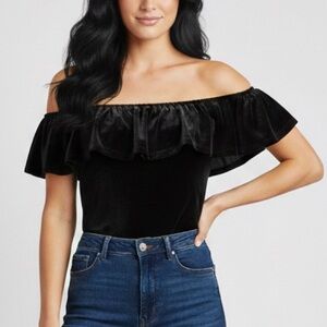 New York & Company Black Velvet Off Shoulder Ruffle Body Suit Thong XXL Stretch